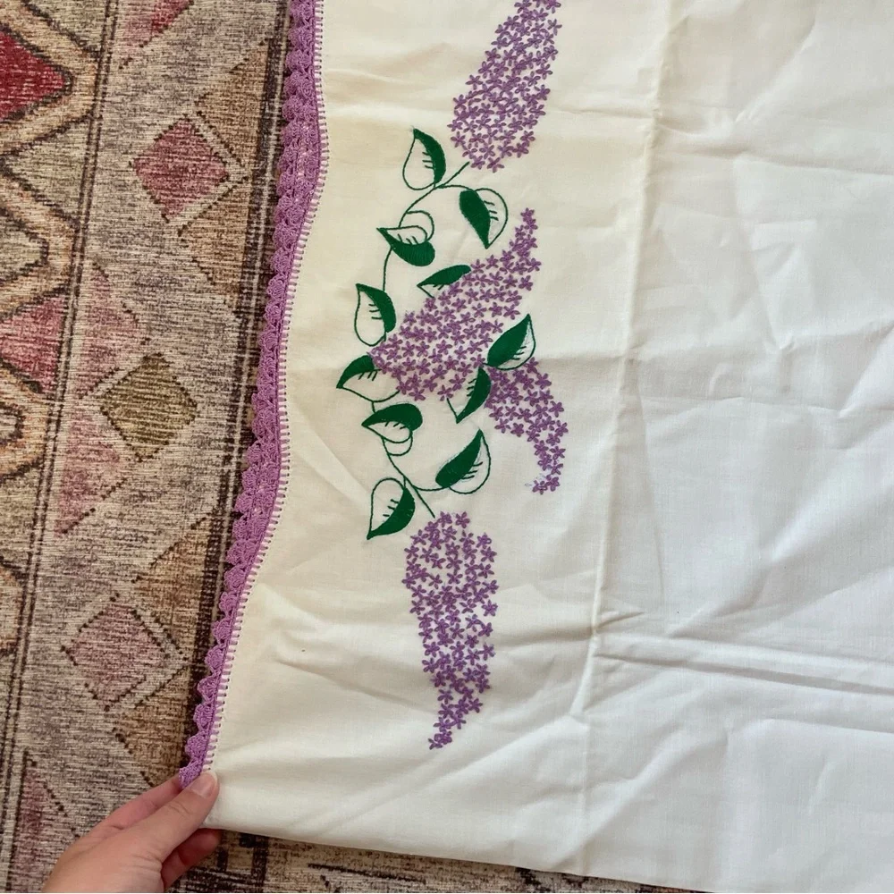 Hand Embroidered Cottagecore Floral Lace Trim Pillowcase Set